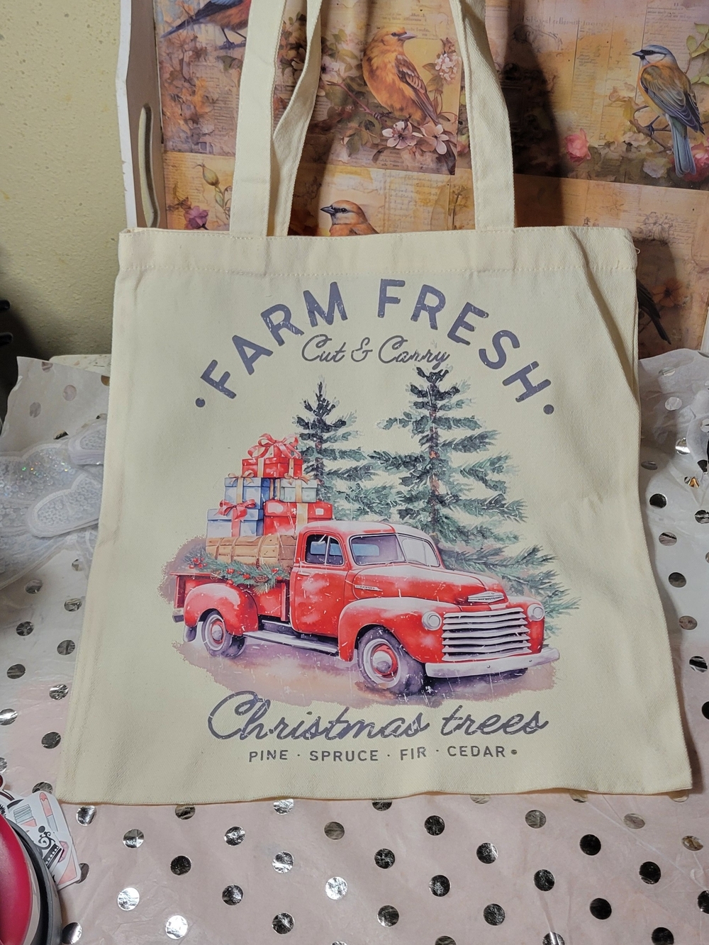 Holiday Believe Tote Bag - Cream with Red & Green Print